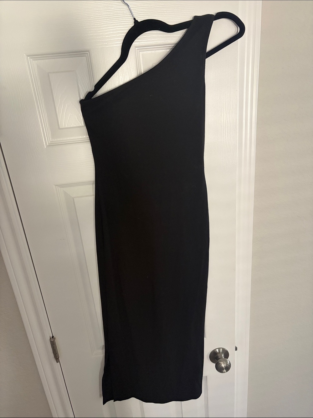 Women's One-Shoulder Black Dress - fitted & soft - small slit at bottom